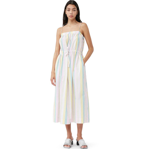 NEW Ganni Stripe Cotton Strap Maxi Dress Women's Size 42 Multicolor Square Neck - Picture 1 of 8